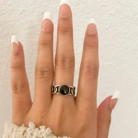 925 Sterling Silver Black Circle Ring Curb Link Ring Chain Link Ring Modern Ring - Picture 3 of 9